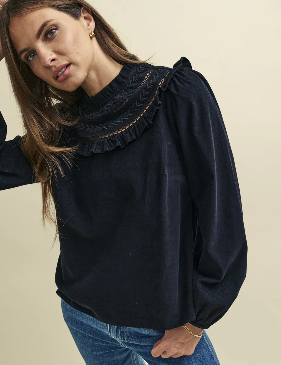 Black Cord Embroidered Frill Collar Blouse 4 Black Cord Embroidered Frill Collar Blouse - Image 2