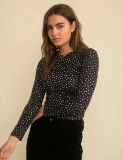 Black Spot Print Crew Neck Long Sleeve T-Shirt