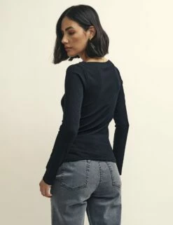 Black Long Sleeve Slash Neck Top -UK Clothing Sales t231997blk bk