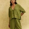 Khaki Linen-blend Boxy Button Front Shirt -UK Clothing Sales t232189grn sm