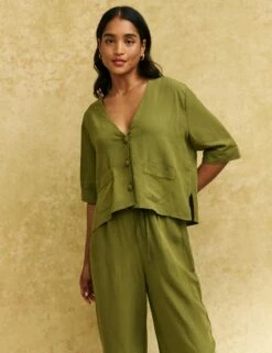 Khaki Linen-blend Boxy Button Front Shirt