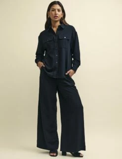 Black Long Sleeve Utility Button-Up Shirt -UK Clothing Sales t232255blk 0332