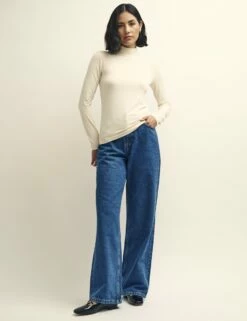 Cream Funnel Neck Long Sleeve Jersey Top -UK Clothing Sales t232405wht 0890