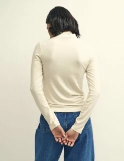 Cream Funnel Neck Long Sleeve Jersey Top -UK Clothing Sales t232405wht 0911