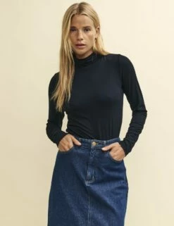 Black Funnel Neck Long Sleeve Jersey Top