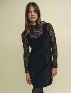 Black Lace Long Sleeve Funnel Neck Top