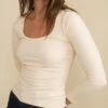 Cream Scoop Neck Long Sleeve Top -UK Clothing Sales t232497crm sm