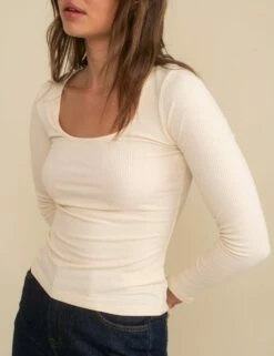 Cream Scoop Neck Long Sleeve Top