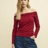 Red Long Sleeve Bardot Top -UK Clothing Sales t232510red sm