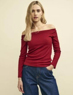 Red Long Sleeve Bardot Top