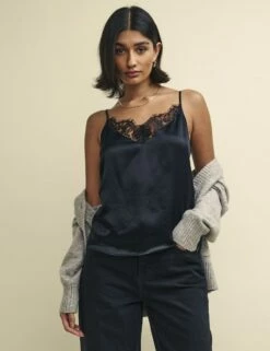 Black Satin Lace Trim Cami Top -UK Clothing Sales t232556blk sd