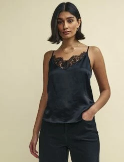 Black Satin Lace Trim Cami Top