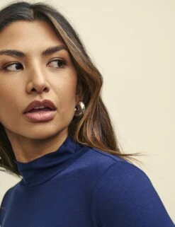 Navy Funnel Neck Long Sleeve Jersey Top -UK Clothing Sales t240046blu dt