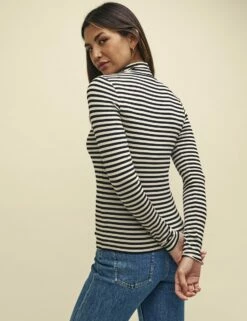 Black And White Stripe Funnel Neck Long Sleeve Jersey Top -UK Clothing Sales t240047mlt bk