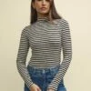 Black And White Stripe Funnel Neck Long Sleeve Jersey Top -UK Clothing Sales t240047mlt sm