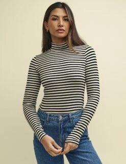 Black And White Stripe Funnel Neck Long Sleeve Jersey Top