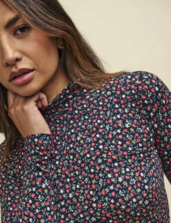 Black Ditsy Floral Funnel Neck Long Sleeve Jersey Top -UK Clothing Sales t240050mlt sd