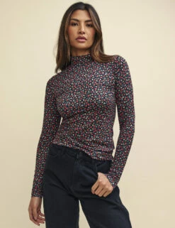 Black Ditsy Floral Funnel Neck Long Sleeve Jersey Top