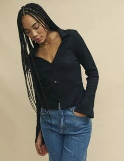 Black Long Sleeve Crinkle Collar Reed Shirt