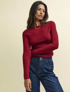 Dark Red Long Sleeve Slash Neck Top