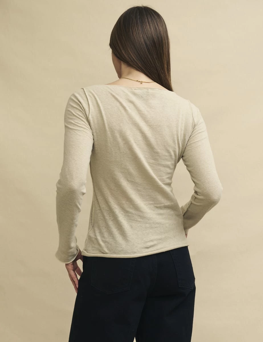Cream Linen-blend Long Sleeve Slash Neck Top 5 Cream Linen-blend Long Sleeve Slash Neck Top - Image 3