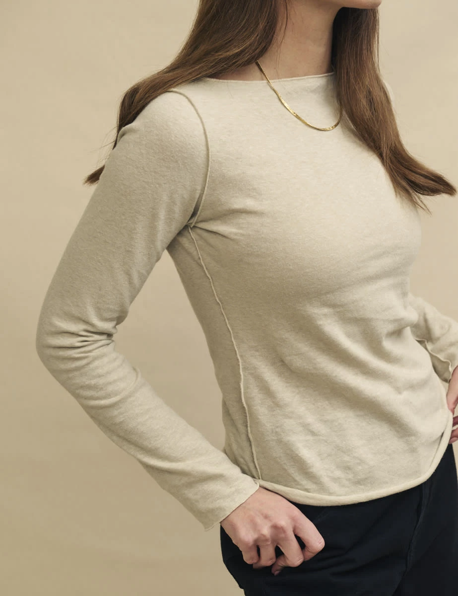 Cream Linen-blend Long Sleeve Slash Neck Top 4 Cream Linen-blend Long Sleeve Slash Neck Top - Image 2