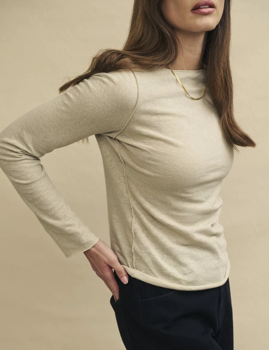 Cream Linen-blend Long Sleeve Slash Neck Top 6 Cream Linen-blend Long Sleeve Slash Neck Top - Image 4