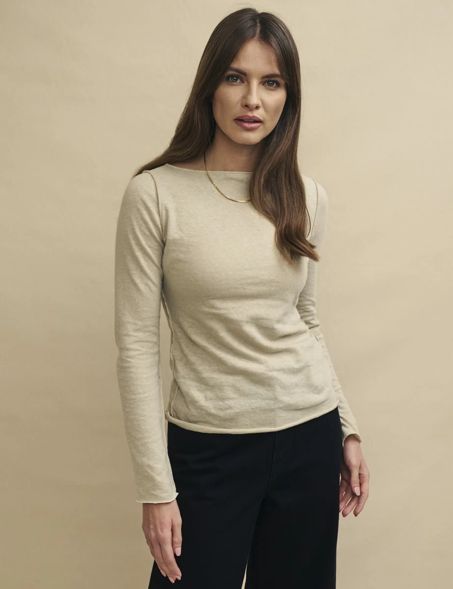 Cream Linen-blend Long Sleeve Slash Neck Top 3 Cream Linen-blend Long Sleeve Slash Neck Top