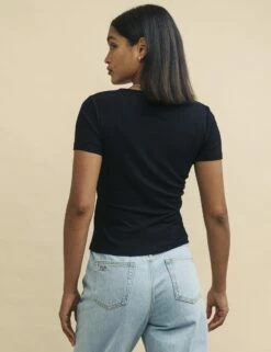 Black V-Neck Button Detail Short Sleeve Top -UK Clothing Sales t240200blk bk