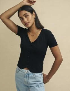 Black V-Neck Button Detail Short Sleeve Top -UK Clothing Sales t240200blk sd