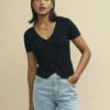 Black V-Neck Button Detail Short Sleeve Top -UK Clothing Sales t240200blk sm