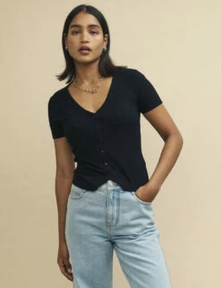 Black V-Neck Button Detail Short Sleeve Top