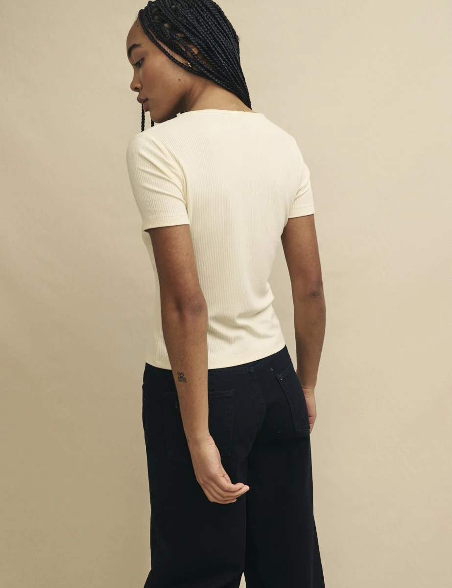 Cream V-Neck Button Detail Short Sleeve Top 6 Cream V-Neck Button Detail Short Sleeve Top - Image 4