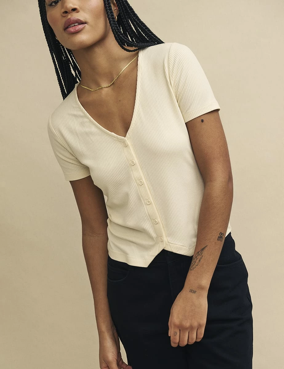 Cream V-Neck Button Detail Short Sleeve Top 4 Cream V-Neck Button Detail Short Sleeve Top - Image 2