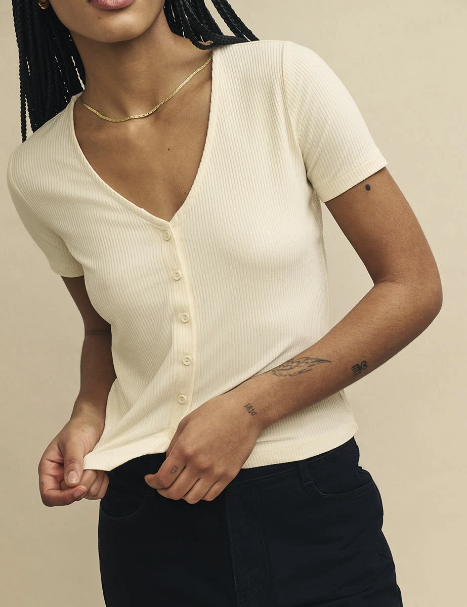 Cream V-Neck Button Detail Short Sleeve Top 3 Cream V-Neck Button Detail Short Sleeve Top